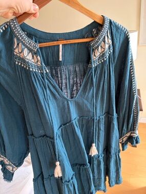 Free People Teal Embroidered Peasant Tunic